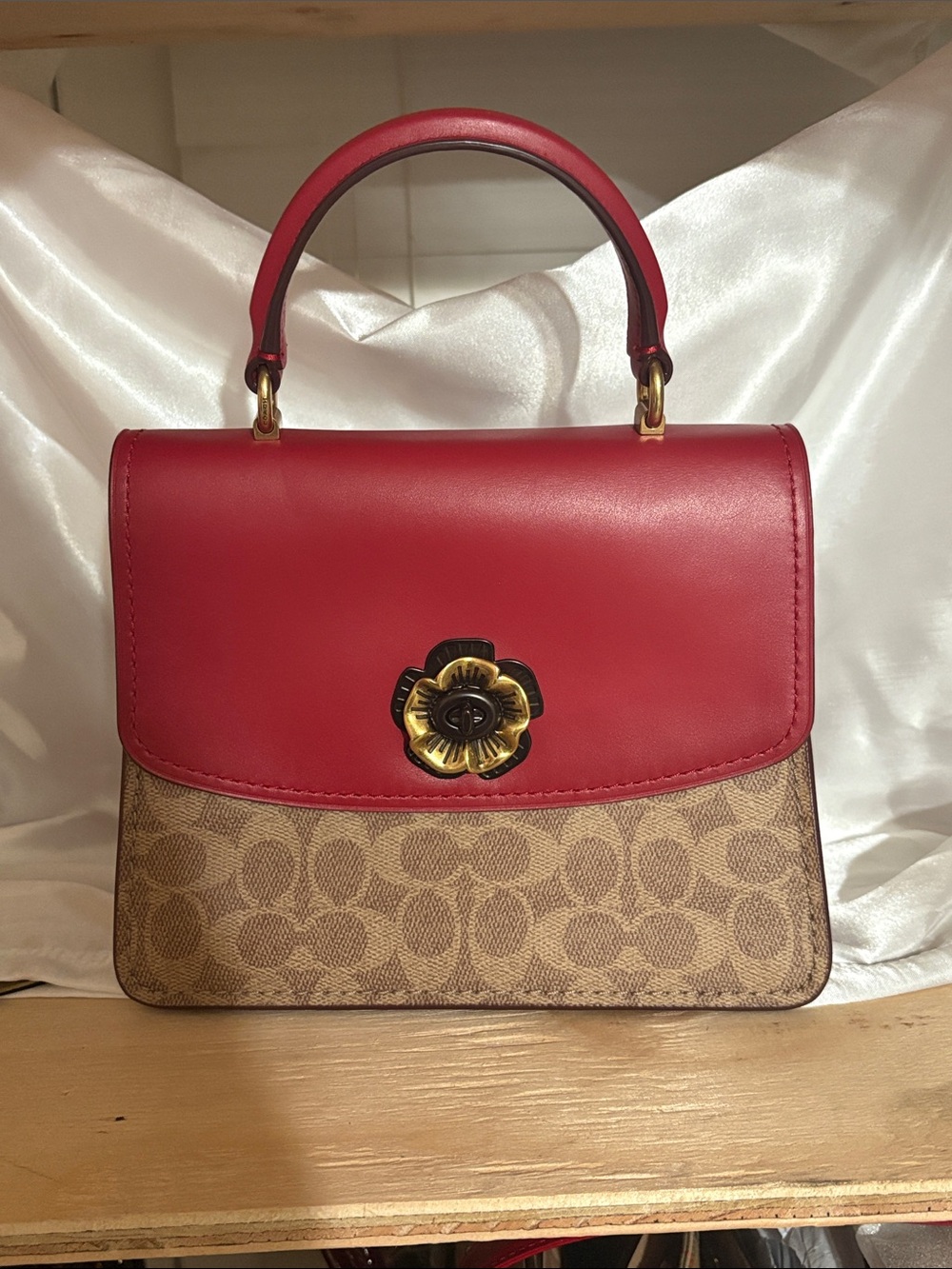 Coach Parker Red Leather and Signature Canvas Top Handle Satchel
